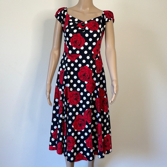 COLLECTIF | Delores Polka Dot Rose Print Doll Dress - Picture 2 of 11